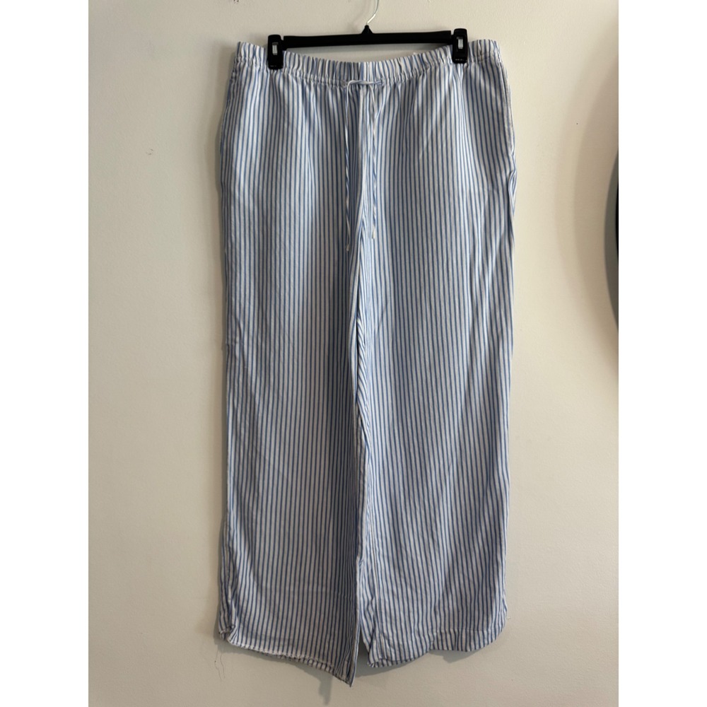 H&M Linen Blend Striped Wide Leg Pants Womens XL Blue White Drawstring Coastal
